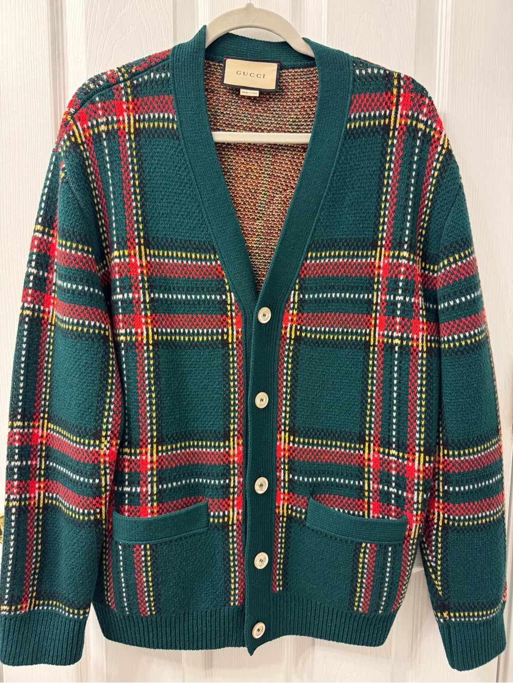 Gucci Men’s Plaid Striped Wool Cardigan Button up Sweater Embroidered Small